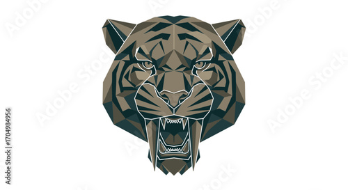 Geometric tiger head sculpture with sharp angles and fierce expression.