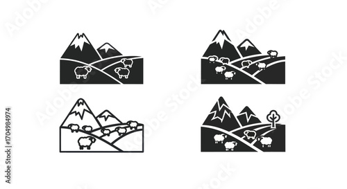 Minimalist Sheep Grazing in Mountainous Landscapes Illustrations.