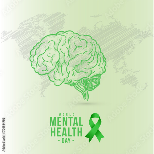 World Mental Health Day Green Brain Ribbon Awareness Vector