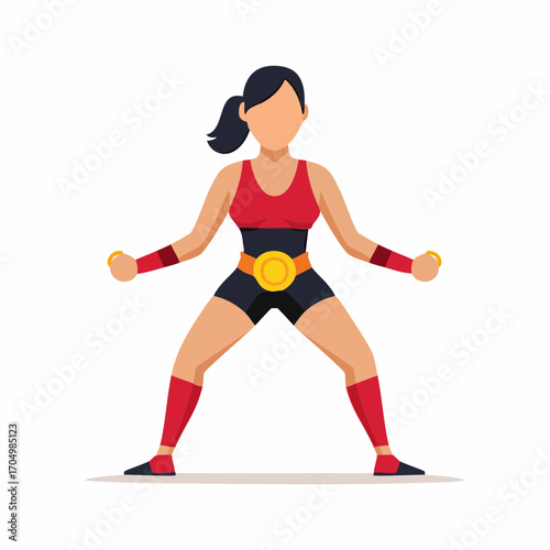 A female athlete in athletic wear, poised in a dynamic stance, possibly for a sport like weightlifting or powerlifting.