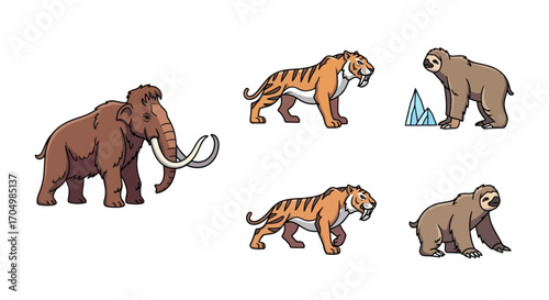 Prehistoric Mammals Cartoon Illustrations: Mammoth Saber-Toothed Tiger Giant Ground Sloth.