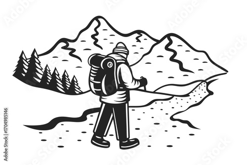Hiker with backpack ascends mountain trail past pine trees using trekking poles, monochrome