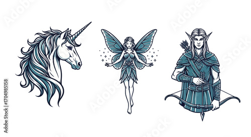Unicorn Fairy and Elf Archer: A Fantasy Trio.