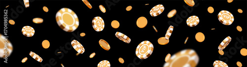 3d flying golden VIP casino poker chips and coins with different angles. Gold and white chips for betting and gambling games. Stock vector illustration on black isolated background.	