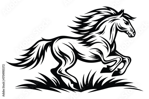 Horse Galloping Graphic, Black Silhouette Stallion with White Background Design