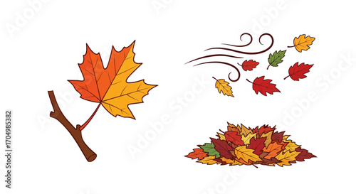 Set of autumn leaf illustrations with wind and pile.