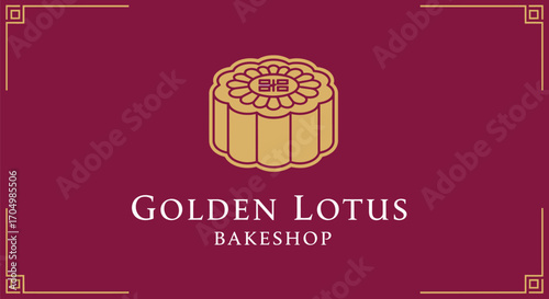 A golden mooncake sits atop the name Golden Lotus Bakeshop on a deep red background with decorative borders.