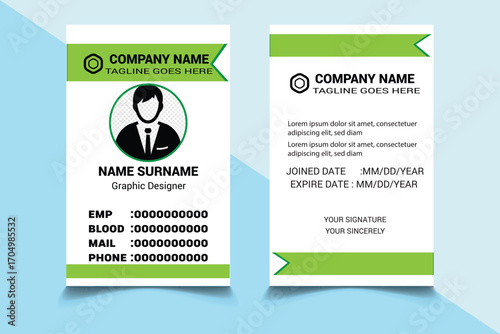 Minimal ID card design bundle with green colors. Student and employee identification card collection with creative shapes. Corporate identity card set design for business organizations.