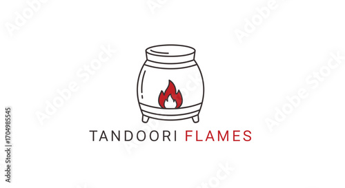 Minimalist logo for Tandoori Flames restaurant featuring a line art tandoor oven with a red flame and text.