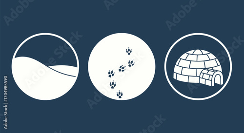 Set of three circular icons depicting winter arctic scenes.
