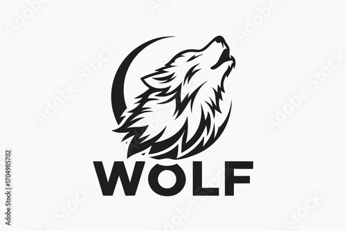 Howling Wolf Head in Circle, Silhouette Style Animal, Tribal Illustration, White Background