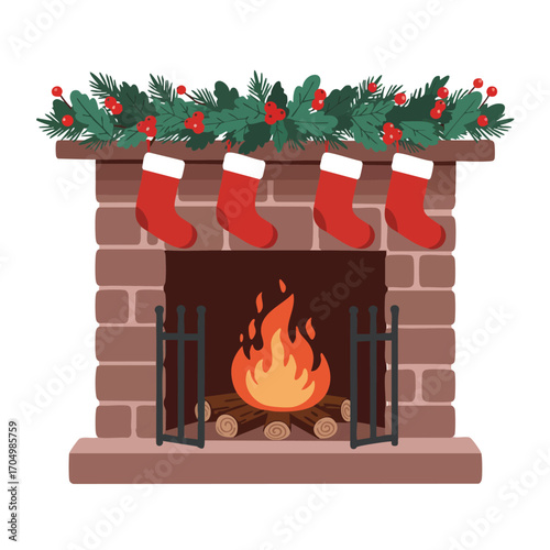 Christmas decorated brick fireplace with burning fire and red stockings hanging on mantel vector illustration 