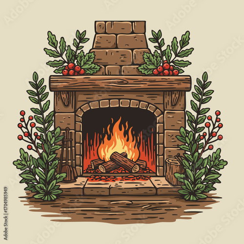 Rustic stone fireplace with burning logs and festive holly decorations in cozy winter setting vector illustration 
