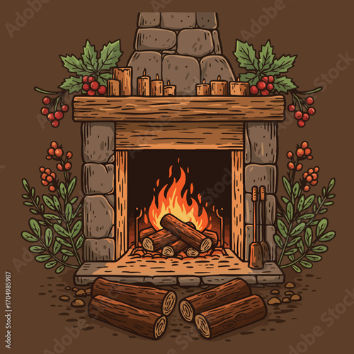 Cozy stone fireplace with burning logs and wooden mantel decorated with autumn leaves and berries vector illustration 