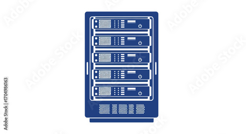 Blue server rack cabinet with multiple blade servers isolated.