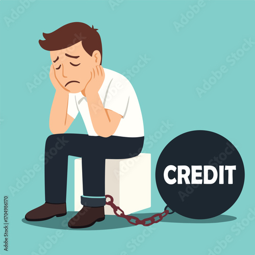 Sad Man in Debt with Credit Burden Financial Stress and Loan Crisis Vector Illustration.