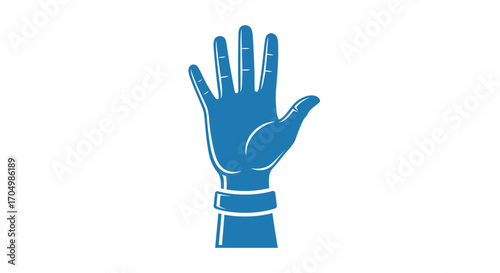 Stylized blue hand raised with fingers spread and white wristband.