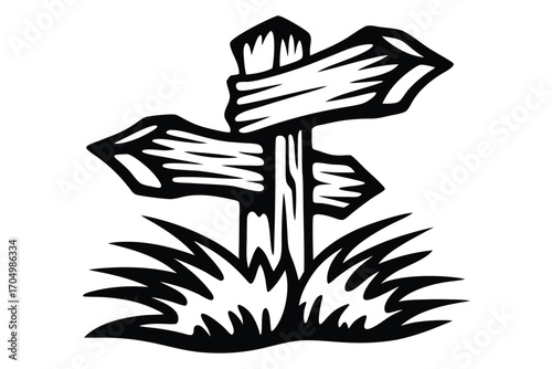 Illustrated wooden signpost with three arrows pointing different directions stands in wild grass on a white background