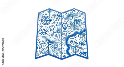 Stylized blue line art illustration of a folded topographic map.