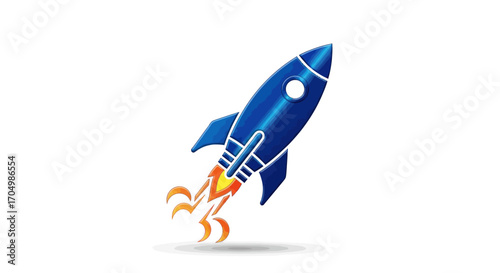 Blue rocket blasting off with fiery exhaust and upward motion.