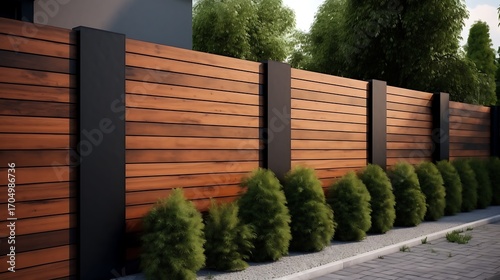 Modern wood fence design with dark posts and neatly trimmed bushes creating a clean outdoor border