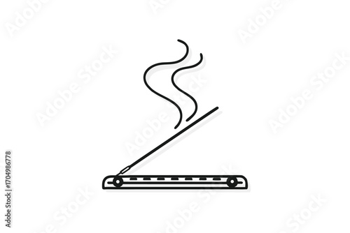Incense Stick Burning with Smoke, Simple Line Art Style on White