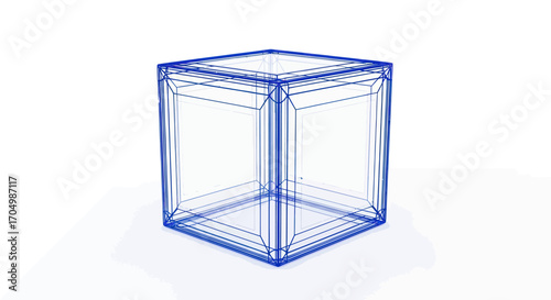 Blue Wireframe Cube: Geometric Design on White Background.