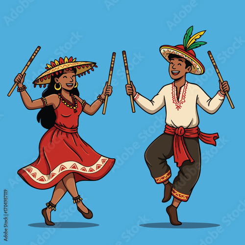 Traditional Mexican Folk Dance Couple Wearing Colorful Costumes and Straw Hats Dancing with Wooden Sticks on Blue Background 