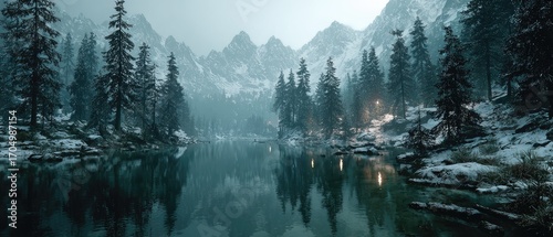 Fototapeta Naklejka Na Ścianę i Meble -  Snowy mountain lake reflecting tranquil forest