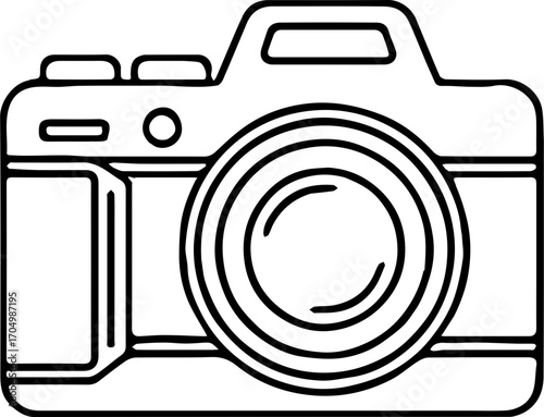 A minimalist black outline of a modern digital camera on a white background. This line art icon represents photography, technology, and creative hobbies