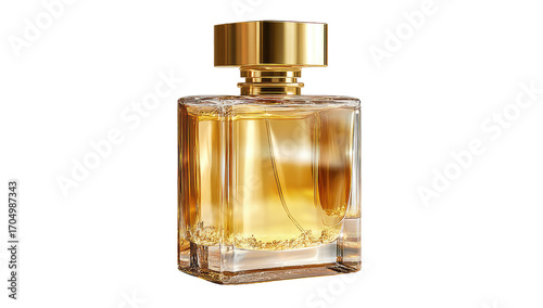 Golden amber perfume bottle.  Clear glass bottle with gold accents.  Square shape with a gold cap.  Liquid inside appears amber