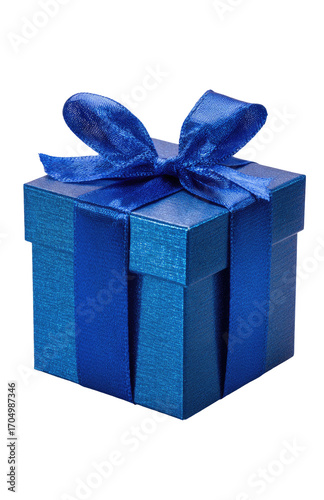 A vibrant blue gift box, tied with a royal blue ribbon bow