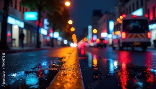 Abstract late-night city lights reflecting on wet pavement, artwork, abstract