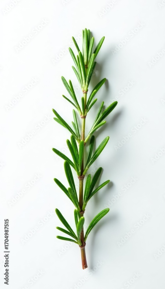 Fototapeta premium A delicate sprig of rosemary isolated against a bright white surface, herb, green, botany
