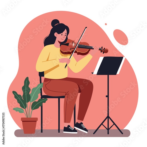 Woman playing violin with music stand and plant in indoor setting vector illustration 