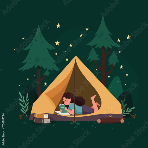 Girl reading book inside orange tent camping in forest under starry night sky vector illustration 
