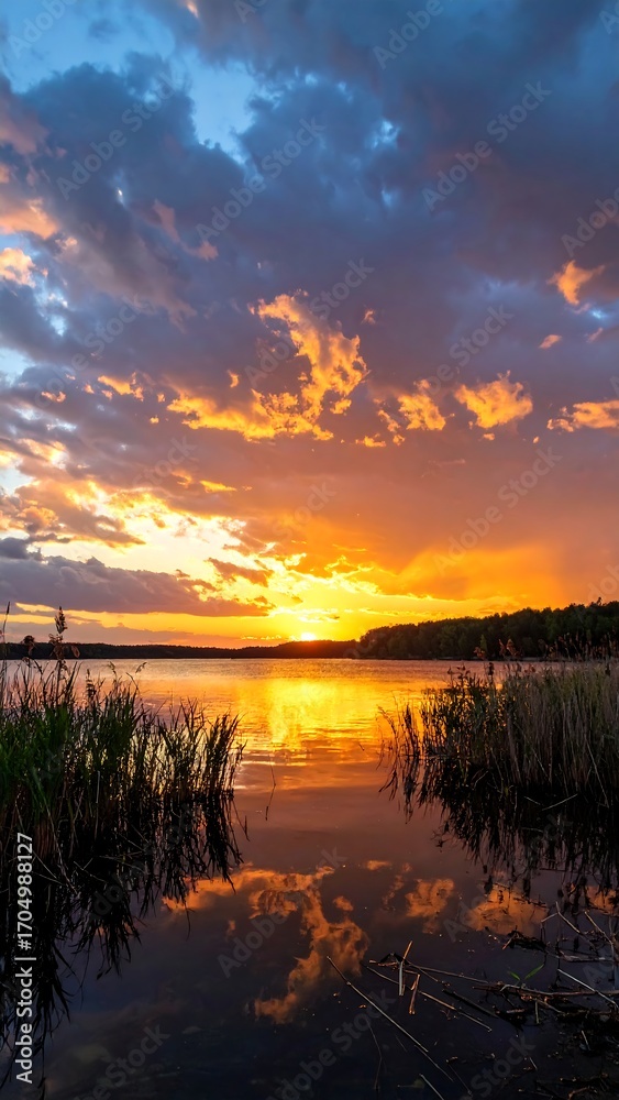Obraz premium Dramatic sunset over a calm lake