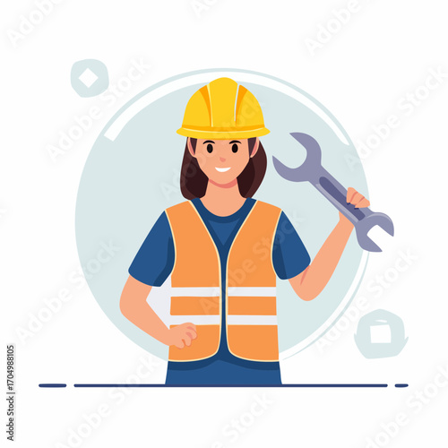 Construction worker with helmet and tools.