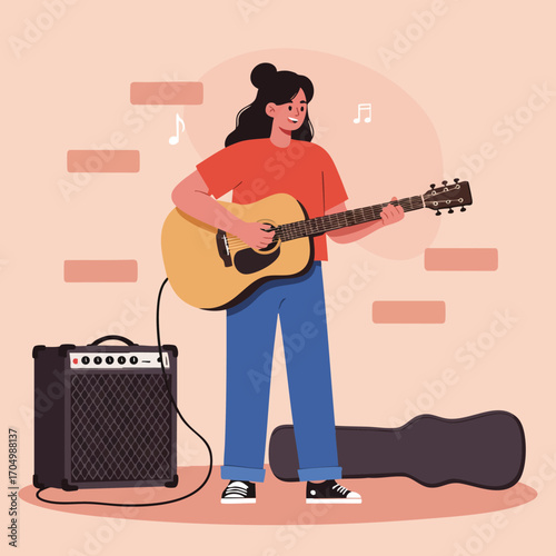 Woman playing acoustic guitar with amplifier and case in casual outfit illustration vector
