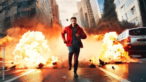 Action shot with man running away from explosion and cars. Dynamic scene in action movie blockbuster style