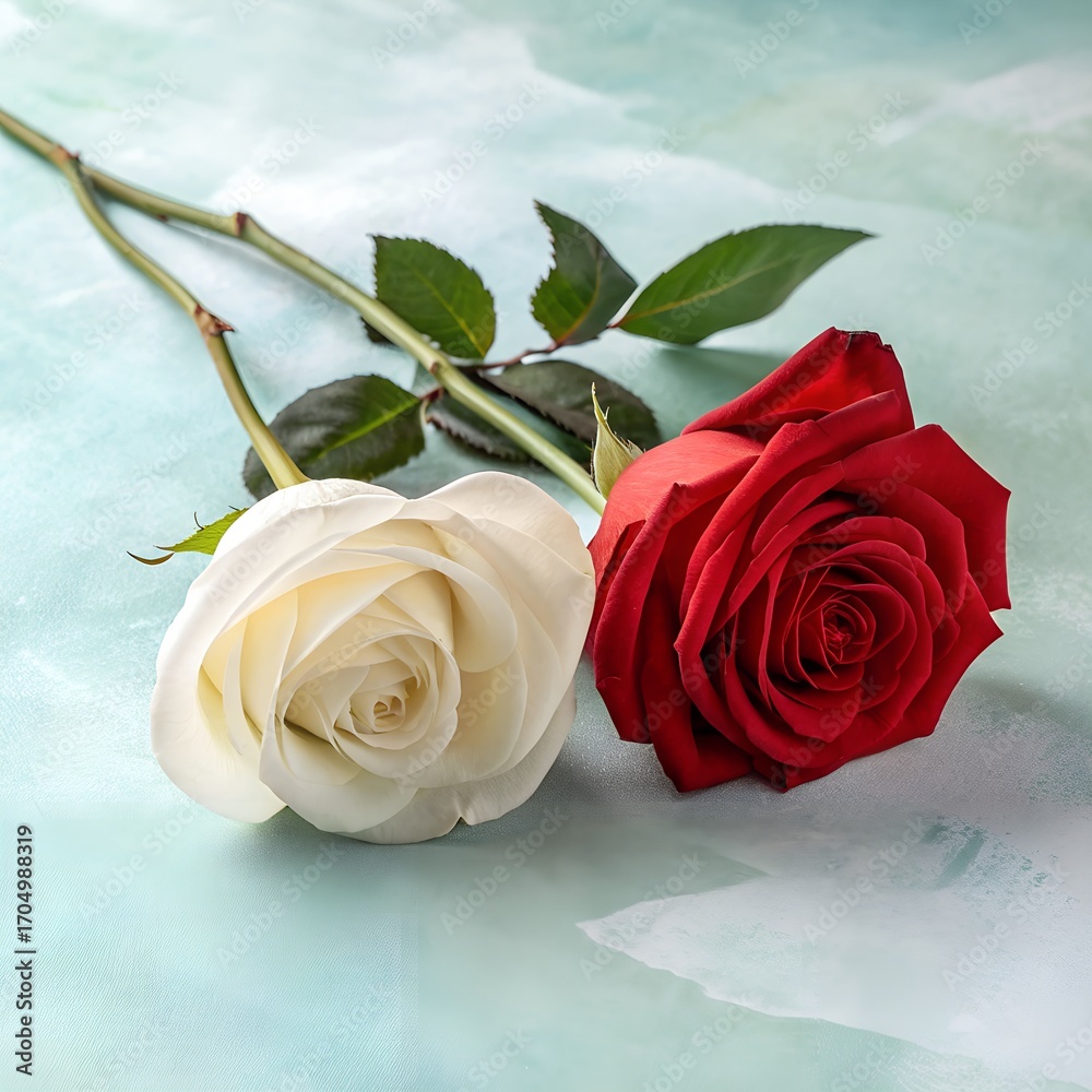 Naklejka premium A single fresh white and red rose pair against a smooth pastel background.