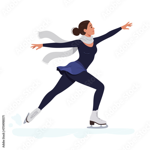 Female figure skater performing on ice in winter outfit with scarf and navy blue dress vector illustration 