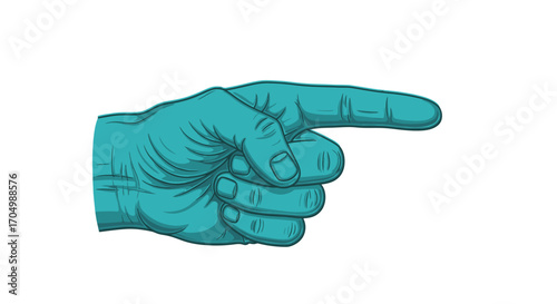 Teal colored gloved hand pointing to the right direction.