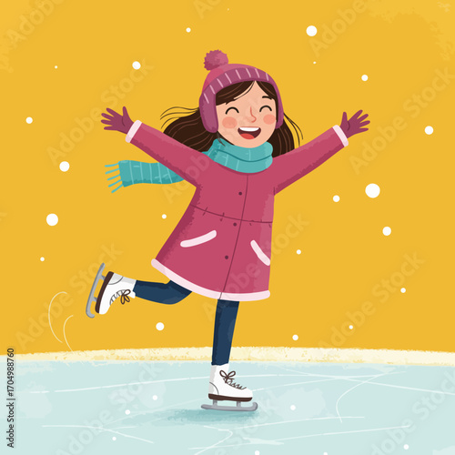 Girl ice skating on frozen pond wearing pink coat and purple hat in winter scene vector illustration 