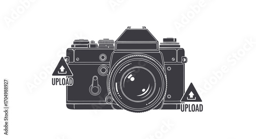 Vintage camera with upload icons symbolizing digital photography and content sharing.