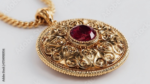 Wallpaper Mural Close-up of a gold pendant with a red gemstone. Ornate gold detailing surrounds the central ruby.  A gold chain is visible Torontodigital.ca