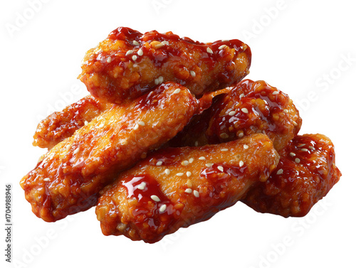 Delicious fried chicken wings coated in sweet and spicy sauce, isolated on transparent background