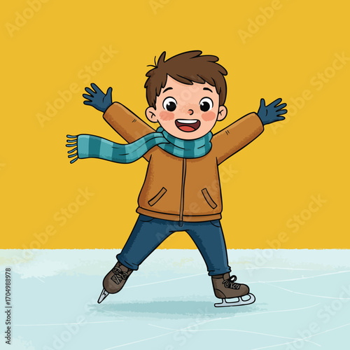 Boy ice skating wearing warm brown jacket blue scarf and gloves on ice rink with yellow background vector illustration 