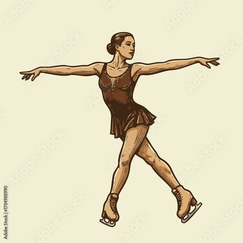 Female figure skater performing elegant pose on ice in brown dress vector illustration 