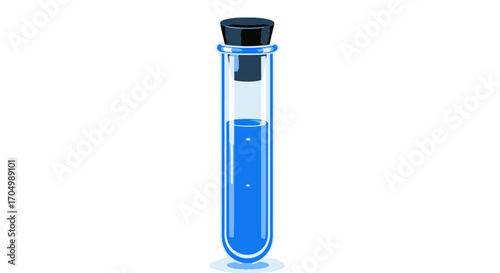 Test tube with blue liquid and black stopper.